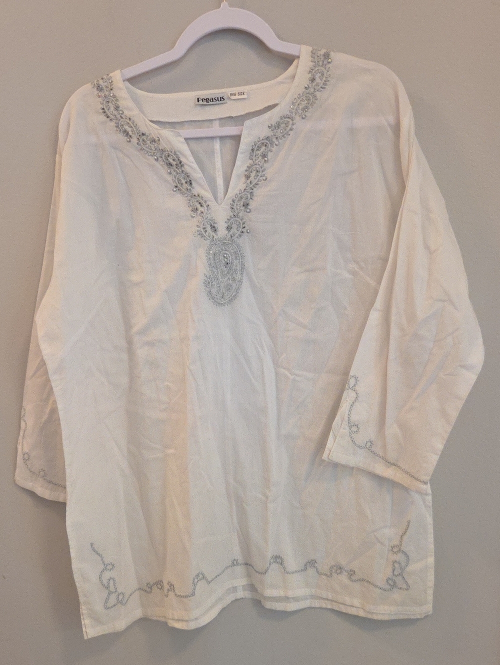 PegASUS White Tunic Top with Embroidered Silver Trim